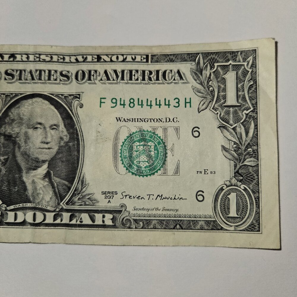 Quad + 5 of-a-kind One Dollar Bill 94844443 Fancy Serial Number (B303)‎